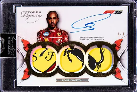 2025 Topps Dynasty F1 Triple Relic Autographs Gold #SDTRA-LHAI Lewis Hamilton Signed Race-Used Patch Card (#1/1) - Topps Encased