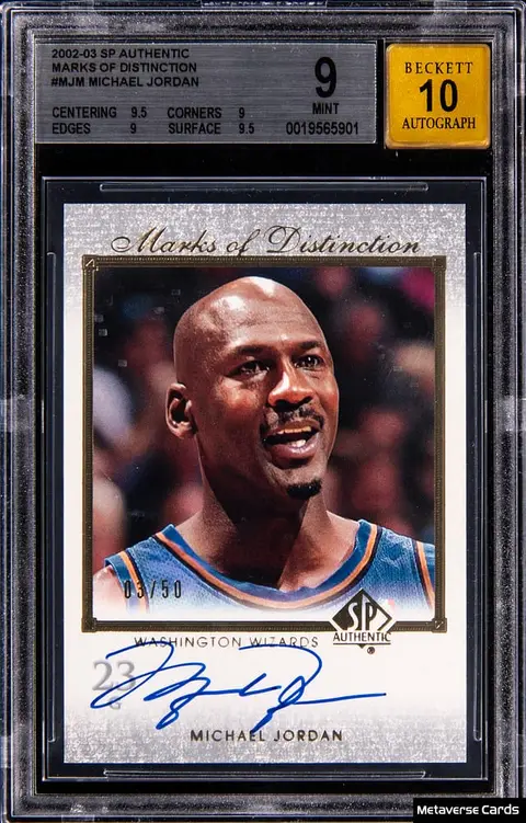 2002-03 Upper Deck SP Authentic Marks of Distinction #MJ-M Michael Jordan Signed Card (#03/50) - BGS MINT 9, Beckett 10