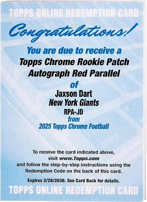 Jaxson Dart 2025 Topps Chrome Red RPA #/5 Goldin Sale
