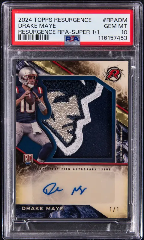 2024 Topps Resurgence Rookie Patch Autograph (RPA) SuperFractor #RPA-DM Drake Maye Signed Patch Rookie Card (#1/1) - PSA GEM MT 10