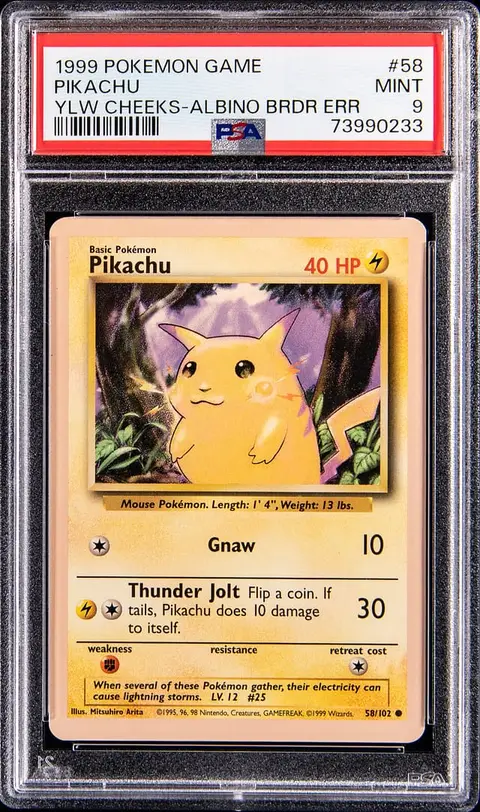 1999 Pokemon Game Yellow Cheeks Albino Border Error #58 Pikachu - PSA MINT 9