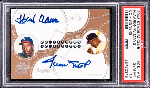 2003 Topps Stadium Club Co-Signers #CS-AM Hank Aaron/Willie Mays Dual-Signed Card - PSA GEM MT 10 - Pop 3