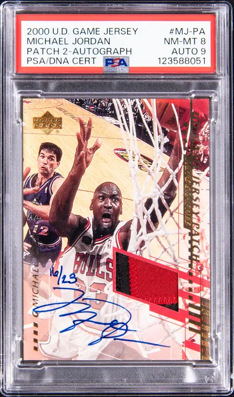 2000-01 Upper Deck Game Jersey Patch 2 Autograph #MJ-PA Michael Jordan Signed Game-Used Patch Card (#16/23) - PSA NM-MT 8, PSA/DNA MINT 9 - Pop 1