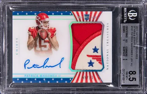 2017 Panini National Treasures Rookie Patch Autograph (RPA) Stars and Stripes #161 Patrick Mahomes II Signed Patch Rookie Card (#09/13) - BGS NM-MT+ 8.5, Beckett 10