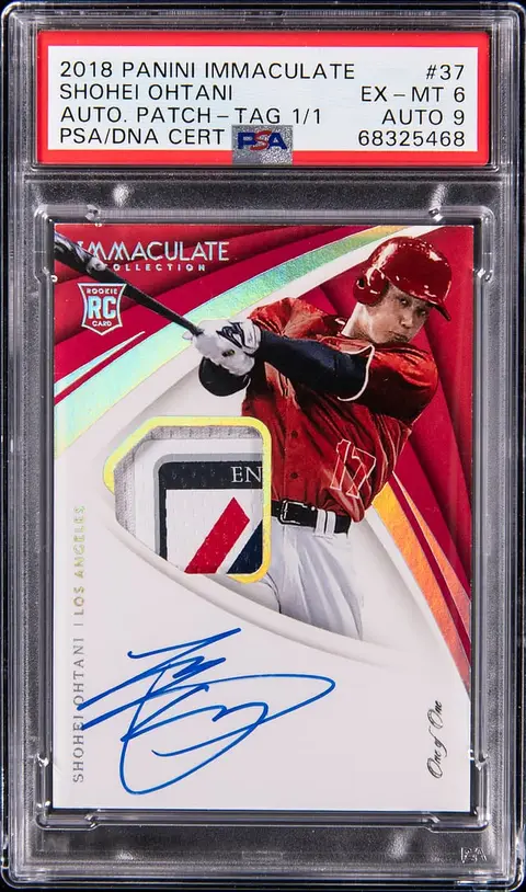 2018 Panini Immaculate Collection Autographs Patch Tag #37 Shohei Ohtani Signed Patch Rookie Card (#1/1) - PSA EX-MT 6, PSA/DNA MINT 9