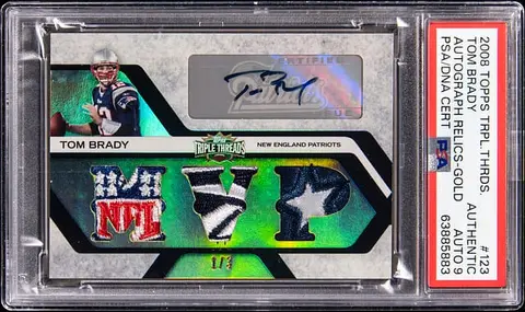 2008 Topps Triple Threads Autograph Relics Gold #TTRA-123 Tom Brady Signed Patch Card (#1/3) - PSA Authentic, PSA/DNA MINT 9 - Pop 1