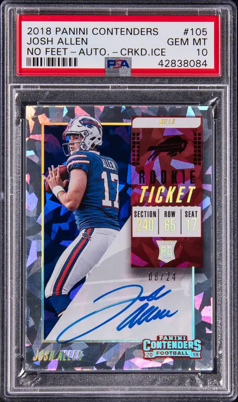 2018 Panini Contenders Rookie Ticket Autographs Cracked Ice #105 Josh Allen, No Feet Signed Rookie Card (#08/24) - PSA GEM MT 10 - Pop 1