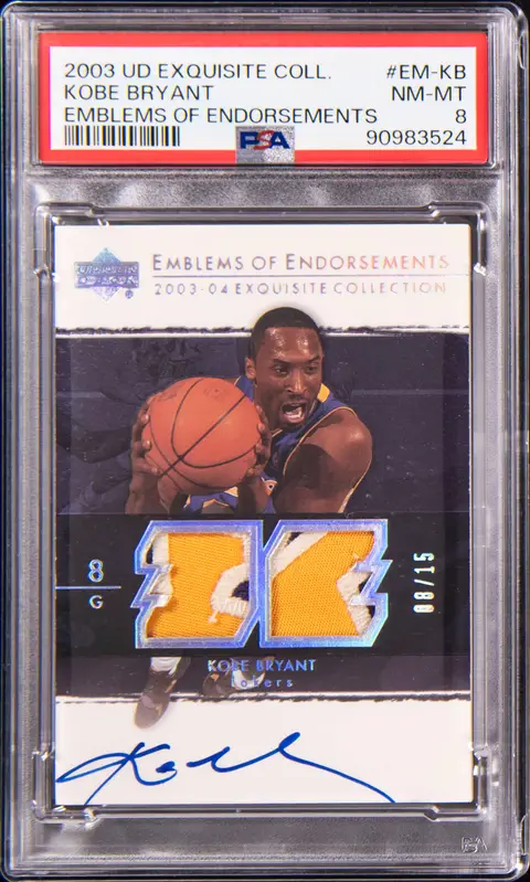 2003-04 Upper Deck Exquisite Collection Emblems of Endorsements #EM-KB Kobe Bryant Signed Game-Used Patch Card (#08/15) - Jersey Number - PSA NM-MT 8 - Pop 1