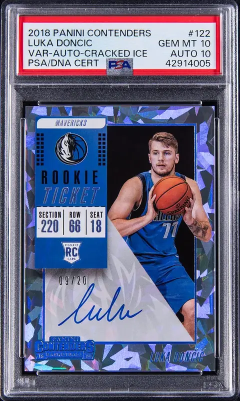 2018-19 Panini Contenders Rookie Ticket Autograph Variation Cracked Ice #122 Luka Doncic Signed Rookie Card (#09/20) - PSA GEM MT 10, PSA/DNA GEM MT 10 - Pop 4