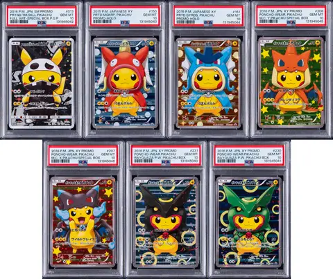 2015-16 Pokemon Japanese XY/Sun & Moon Promo Poncho-Wearing Pikachu/Pretend Pikachu PSA GEM MT 10 Collection (7 Different) - Sequential PSA Certification Numbers