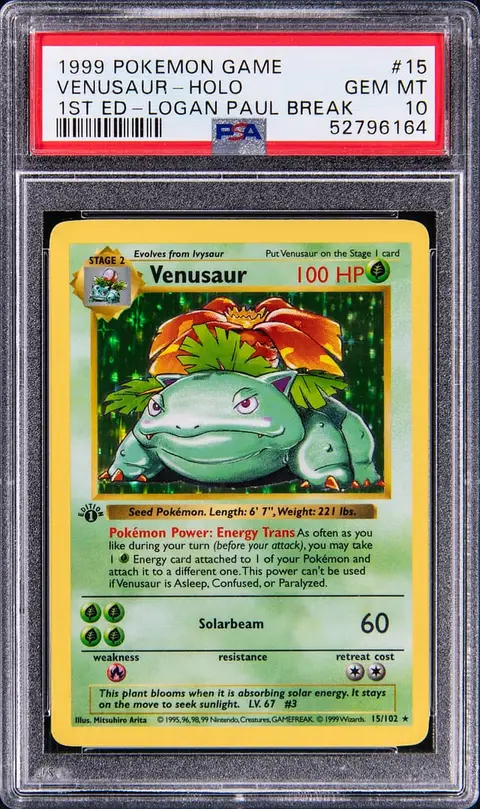 1999 Pokemon Base Set 1st Edition Rare Holo #15 Venusaur - Logan Paul Break - PSA GEM MT 10