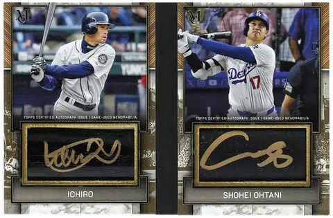 2025 Topps Museum Collection Dual Autographed Jumbo Lumber Bat Relic Booklets Gold #DAJLB-IOH Ichiro/Shohei Ohtani Dual-Signed Game-Used Relic Card (#3/3)
