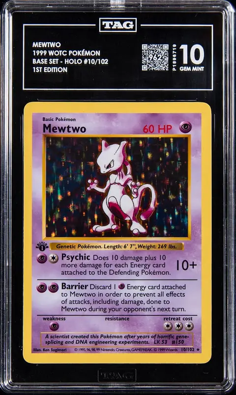 1999 Pokemon Base Set 1st Edition Holo #10 Mewtwo - TAG GEM MINT 10 - Pop 2; Rank 1