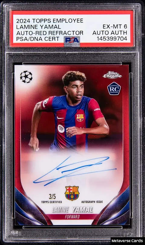 2024 Topps Employee Exclusive Autographs Red Refractor Lamine Yamal Signed Rookie Card (#3/5) - PSA EX-MT 6, PSA/DNA Authentic
