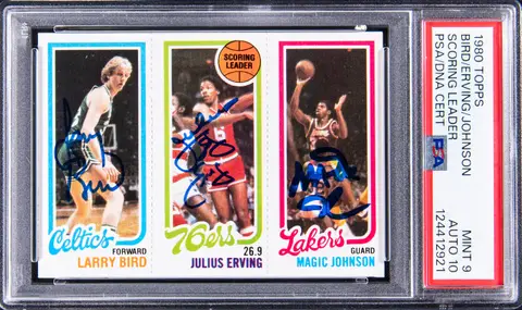 1980-81 Topps Scoring Leader Larry Bird/Magic Johnson/Julius Erving Multi-Signed Rookie Card - PSA MINT 9, PSA/DNA GEM MT 10