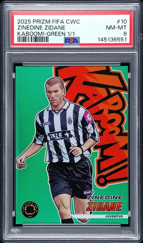 2025 Panini Prizm FIFA Club World Cup Kaboom! Green #10 Zinedine Zidane (#1/1) - PSA NM-MT 8