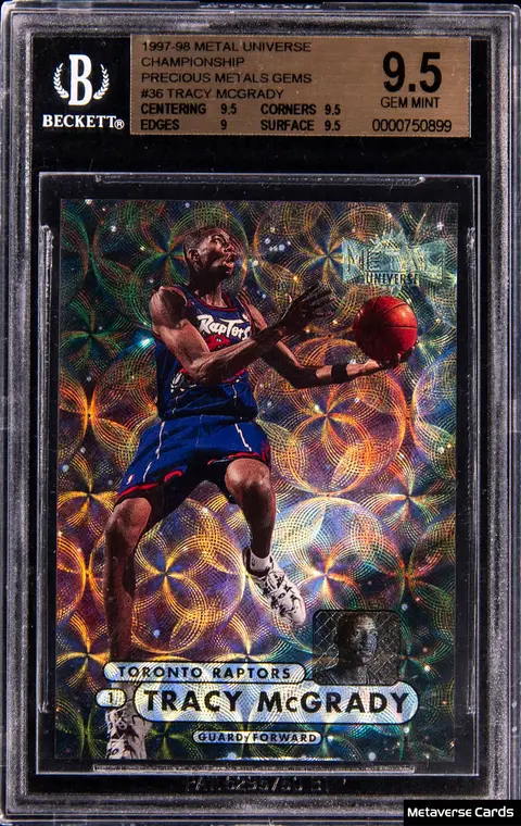 1997-98 SkyBox Metal Universe Championship Precious Metal Gems (PMG) #36 Tracy McGrady Rookie Card (#008/50) - BGS GEM MINT 9.5 - Pop 3