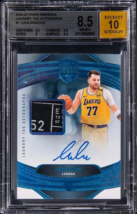2024-25 Panini Eminence Laundry Tag Autographs #ELT-LUK Luka Doncic Signed Patch Card (#1/3) - BGS NM-MT+ 8.5, Beckett 10
