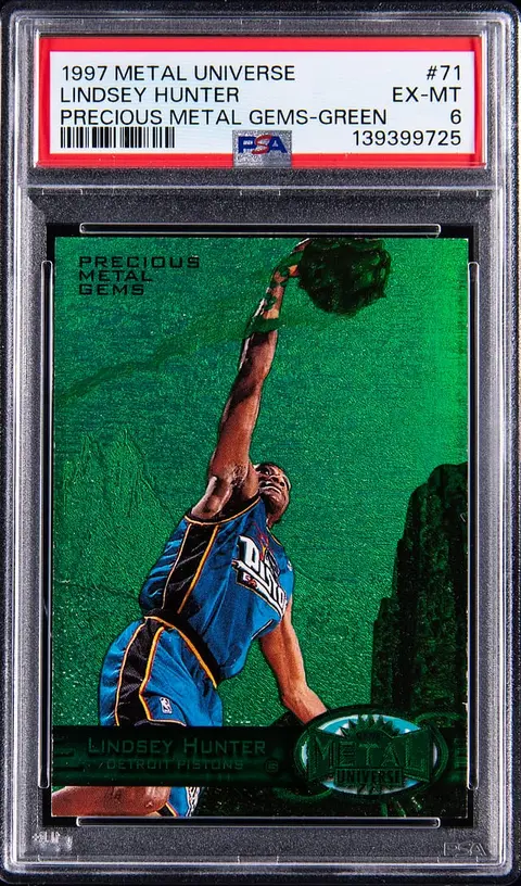 1997-98 SkyBox Metal Universe Precious Metal Gems (PMG) Green #71 Lindsey Hunter (#005/100) - PSA EX-MT 6