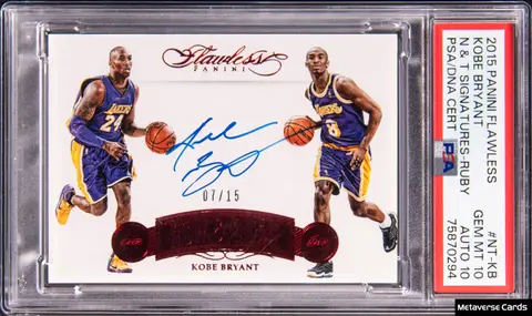2015-16 Panini Flawless Now & Then Signatures Ruby #NT-KB Kobe Bryant Signed Card (#07/15) - PSA GEM MT 10, PSA/DNA GEM MT 10 - Pop 1