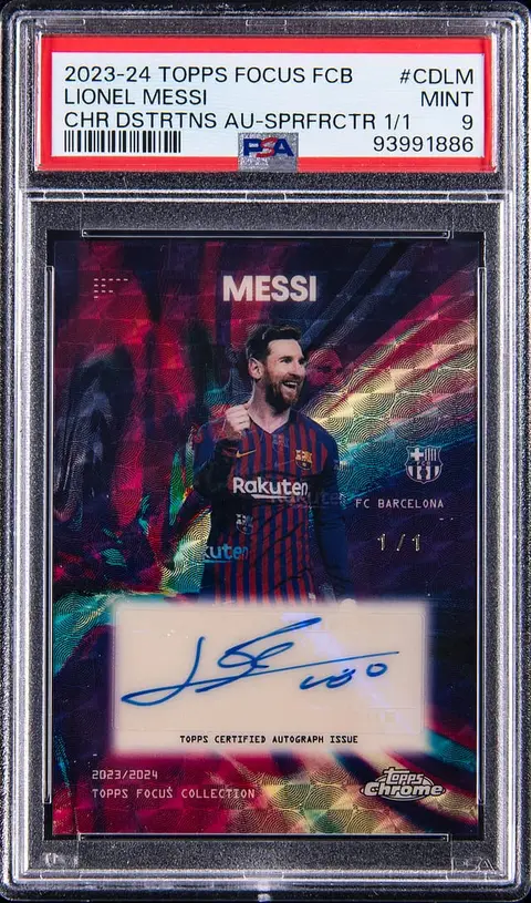 2023-24 Topps Focus FC Barcelona Chromatic Distortions Autographs SuperFractor #CD-LM Lionel Messi Signed Card (#1/1) - PSA MINT 9