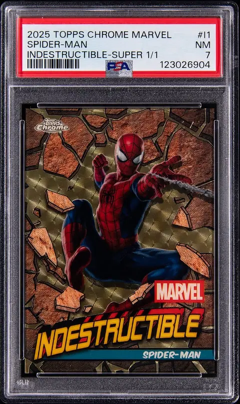 2025 Topps Chrome Marvel Indestructible SuperFractor #I-1 Spider-Man (#1/1) - PSA NM 7