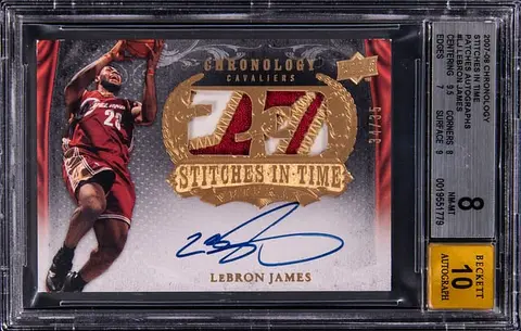 2007-08 Upper Deck Chronology Stitches In Time Patches Autographs #SIT-LJ LeBron James Signed Game-Used Patch Card (#34/35) - BGS NM-MT 8, Beckett 10
