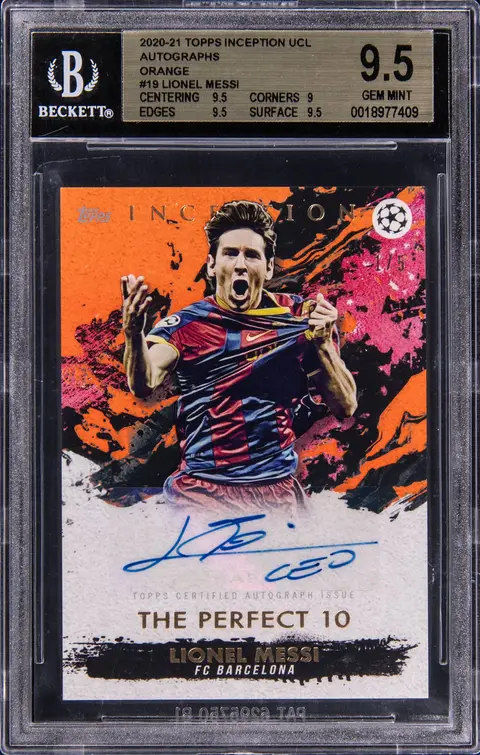2020-21 Topps Inception UCL The Perfect 10 Autographs Orange Lionel Messi Signed Card (#1/5) - BGS GEM MINT 9.5