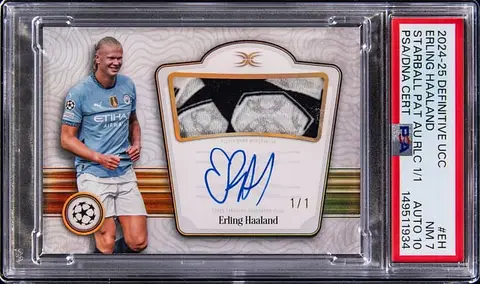 2024-25 Topps Definitive UCC Starball Patch Autograph Relic #SPAV-EH Erling Haaland Signed Patch Card (#1/1) - PSA NM 7, PSA/DNA GEM MT 10