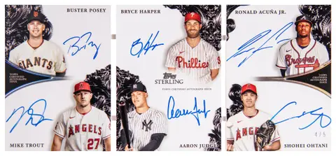 2023 Topps Sterling Sterling Sets Autographed Rookies Of The Year Book Card #SSABC-PTHJAO Buster Posey/Mike Trout/Bryce Harper/Aaron Judge/Ronald Acuna Jr./Shohei Ohtani Multi-Signed Card (#4/5)