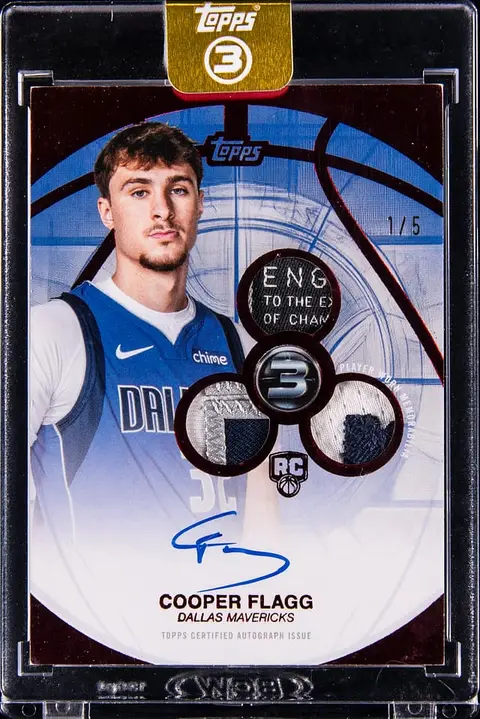 2025-26 Topps 3 Rookie 3 Patch Autographs Vertical Red #RPV-CF Cooper Flagg Signed Patch Rookie Card (#1/5) - Topps Encased