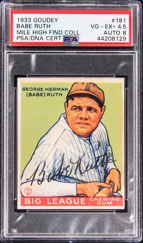 1933 Goudey #181 Babe Ruth Signed Card - Mile High Find Collection - PSA VG-EX 4.5, PSA/DNA NM-MT 8 - POP 1 Highest Graded Signed Goudey Ruth for All 4 Subjects - JSA LOA