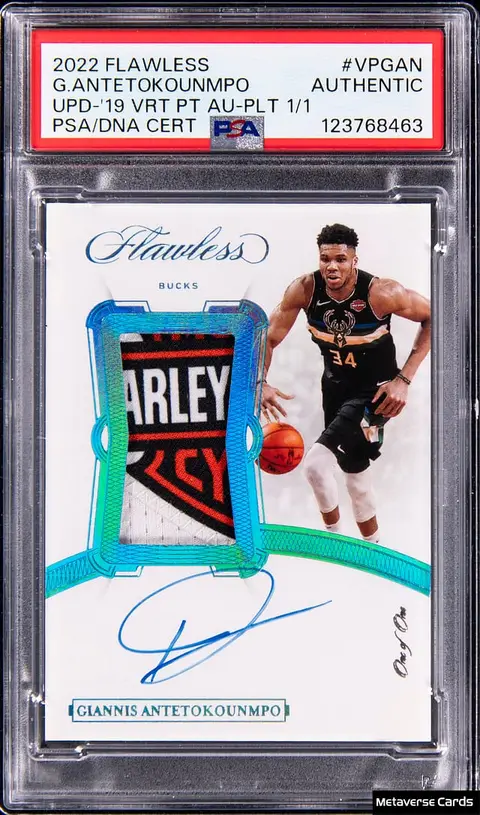 2022-23 Panini Flawless Update '19 Vertical Patch Autograph Platinum #VP-GAN Giannis Antetokounmpo Signed Patch Card (#1/1) - PSA Authentic