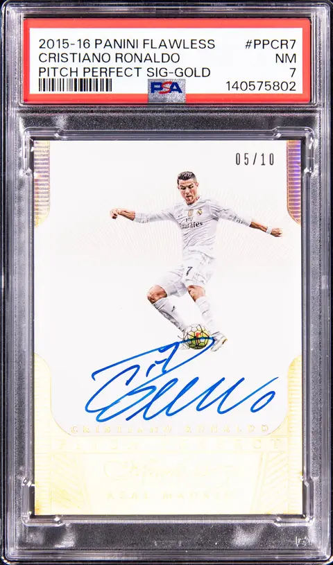2015-16 Panini Flawless Pitch Perfect Signatures Gold #PP-CR7 Cristiano Ronaldo Signed Card (#05/10) - PSA NM 7 - Pop 1