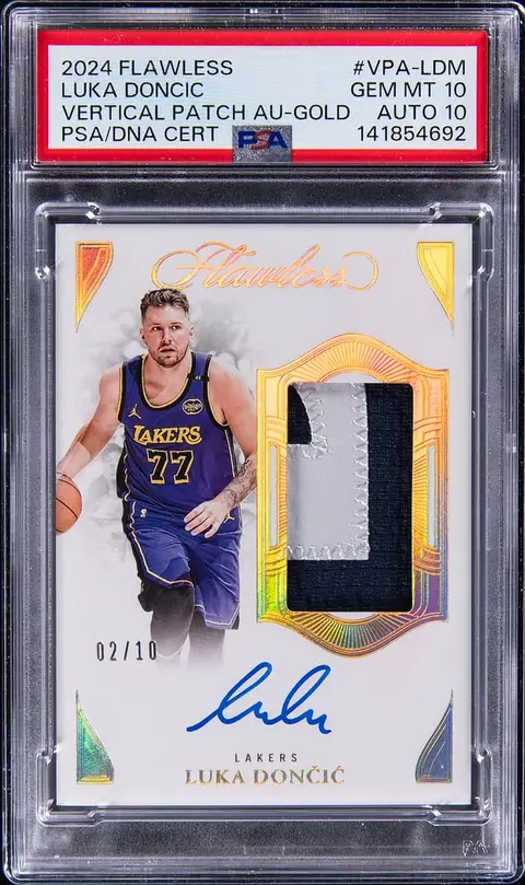 2024-25 Panini Flawless Vertical Patch Autograph Gold #VPA-LDM Luka Doncic Signed Patch Card (#02/10) - PSA GEM MT 10, PSA/DNA GEM MT 10 - Pop 1
