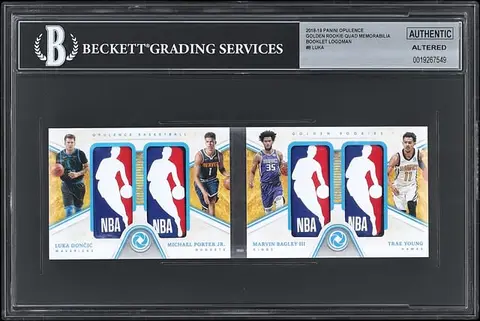 2018-19 Panini Opulence Golden Rookie Quad Memorabilia Booklet Logoman #8 Luka Doncic/Trae Young/Michael Porter Jr./Marvin Bagley III Patch Rookie Card (#1/1) - BGS Authentic Altered