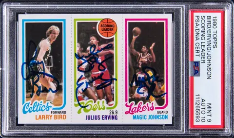 1980-81 Topps Scoring Leader Larry Bird/Julius Erving/Magic Johnson Multi-Signed Rookie Card - PSA MINT 9, PSA/DNA GEM MT 10