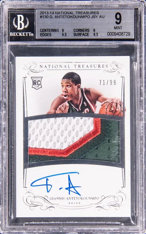 2013-14 Panini National Treasures Rookie Patch Autograph (RPA) #130 Giannis Antetokounmpo Signed Patch Rookie Card (#71/99) - BGS MINT 9, Beckett 10