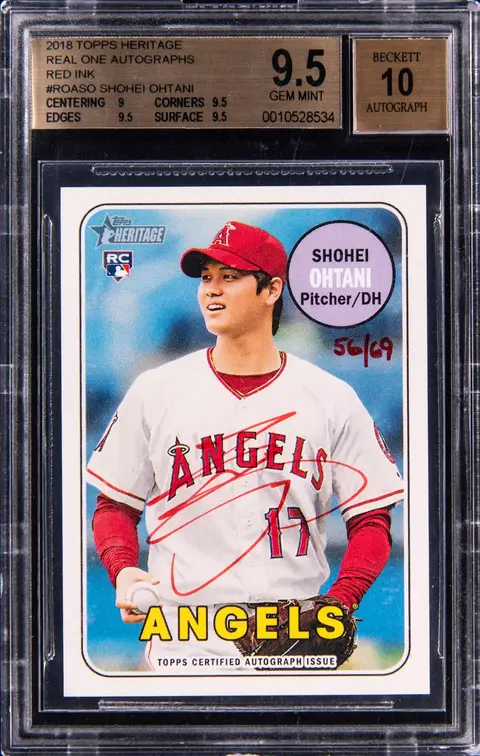 2018 Topps Heritage Real One Autographs Red Ink #ROA-SO Shohei Ohtani Signed Rookie Card (#56/69) - BGS GEM MINT 9.5, Beckett 10