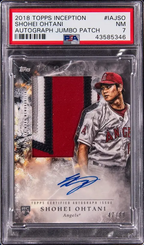 2018 Topps Inception Autograph Jumbo Patch #IAJ-SO Shohei Ohtani Signed Patch Rookie Card (#47/80) - PSA NM 7