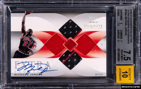 2006-07 Upper Deck Exquisite Collection Extra Exquisite Autographs #EE-MJ Michael Jordan Signed Game-Used Relic Card (#09/10) - BGS NM+ 7.5, Beckett 10