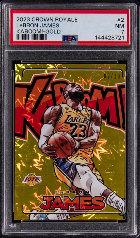 2023-24 Panini Crown Royale Kaboom! Gold #2 LeBron James (#02/10) - PSA NM 7