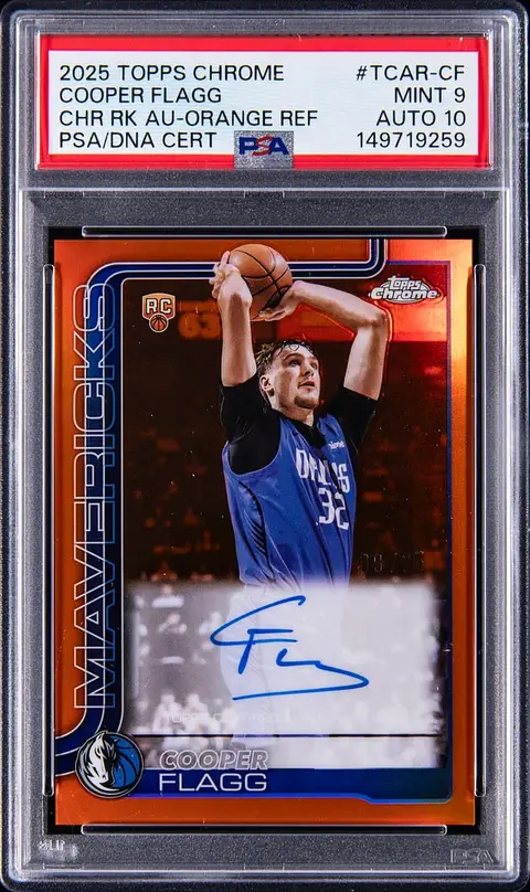 2025-26 Topps Chrome Rookie Autographs Orange Refractor #TCAR-CF Cooper Flagg Signed Rookie Card (#08/25) - PSA MINT 9, PSA/DNA GEM MT 10