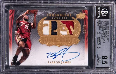 2007-08 Upper Deck Chronology Stitches In Time Patches Autographs #SIT-LJ LeBron James Signed Game-Used Patch Card (#16/35) - BGS NM-MT+ 8.5, Beckett 10