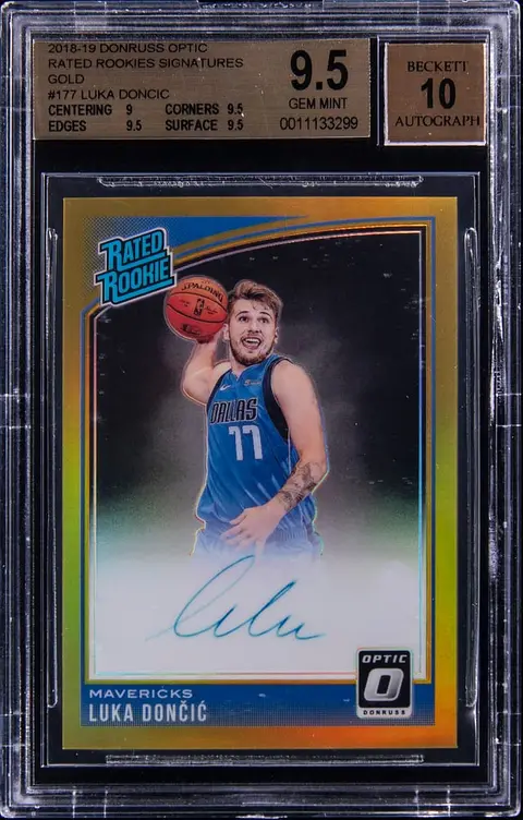 2018-19 Panini Donruss Optic Rated Rookie Signatures Gold #177 Luka Doncic Signed Rookie Card (#09/10) - BGS GEM MINT 9.5, Beckett 10 - Pop 3