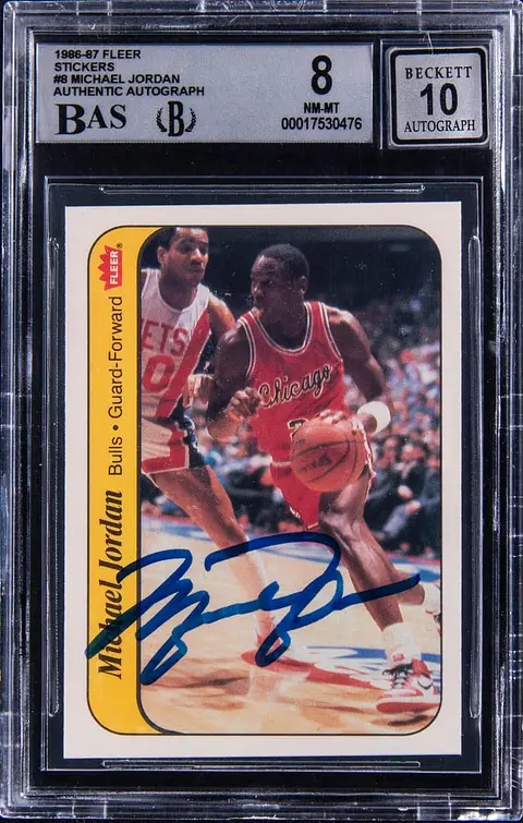 1986-87 Fleer Sticker #8 Michael Jordan Signed Rookie Card - BGS NM-MT 8, Beckett 10, UDA