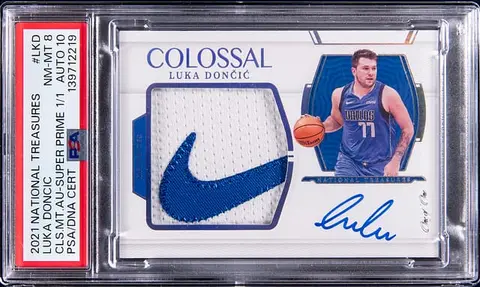 2021-22 Panini National Treasures Colossal Material Autographs Super Prime #CM-LKD Luka Doncic Signed Patch Card (#1/1) - PSA NM-MT 8, PSA/DNA GEM MT 10