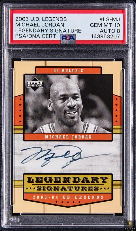 2003-04 Upper Deck Legends Legendary Signatures #LS-MJ Michael Jordan Signed Card - PSA GEM MT 10, PSA/DNA NM-MT 8