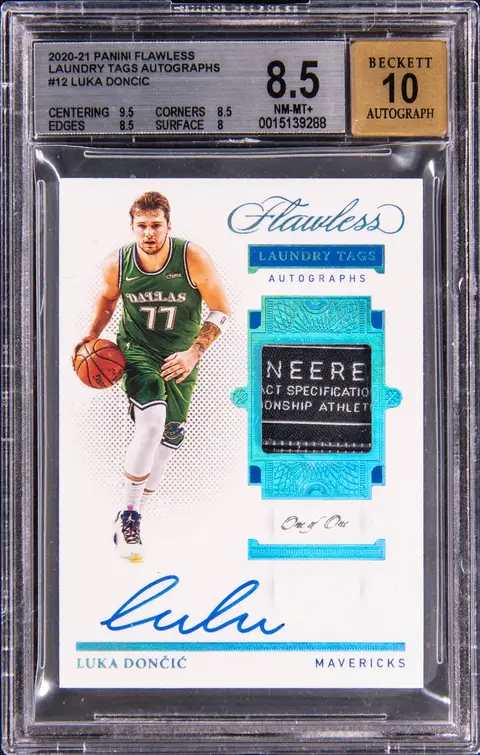 2020-21 Panini Flawless Laundry Tags Autographs #LTA-LUK Luka Doncic Signed Patch Card (#1/1) - BGS NM-MT+ 8.5, Beckett 10