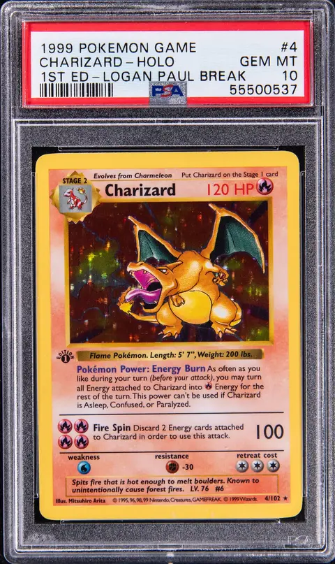 1999 Pokemon Base Set 1st Edition Holo #4 Charizard - Logan Paul Break - PSA GEM MT 10